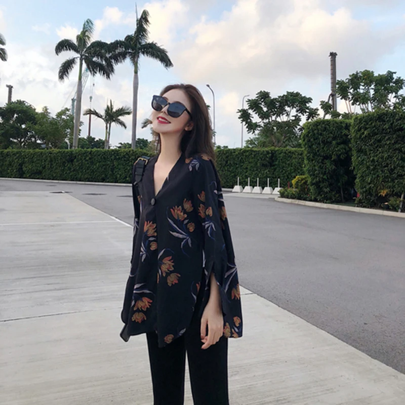 Женская шифоновая блузка с длинным рукавом винтажная v-образным вырезом и