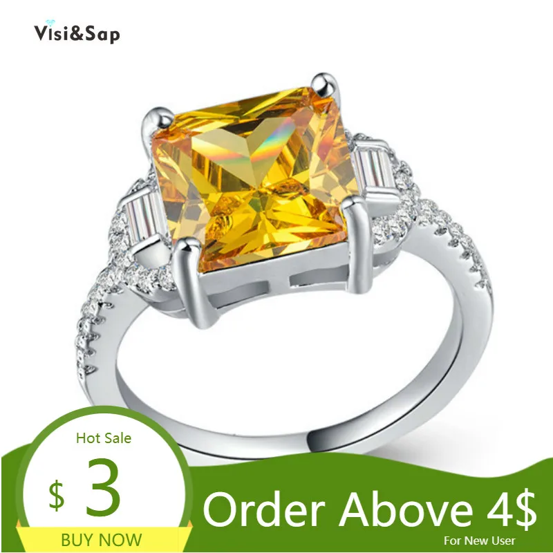 Большое желтое квадратное циркониевое кольцо Visisap белое золото аксессуары для