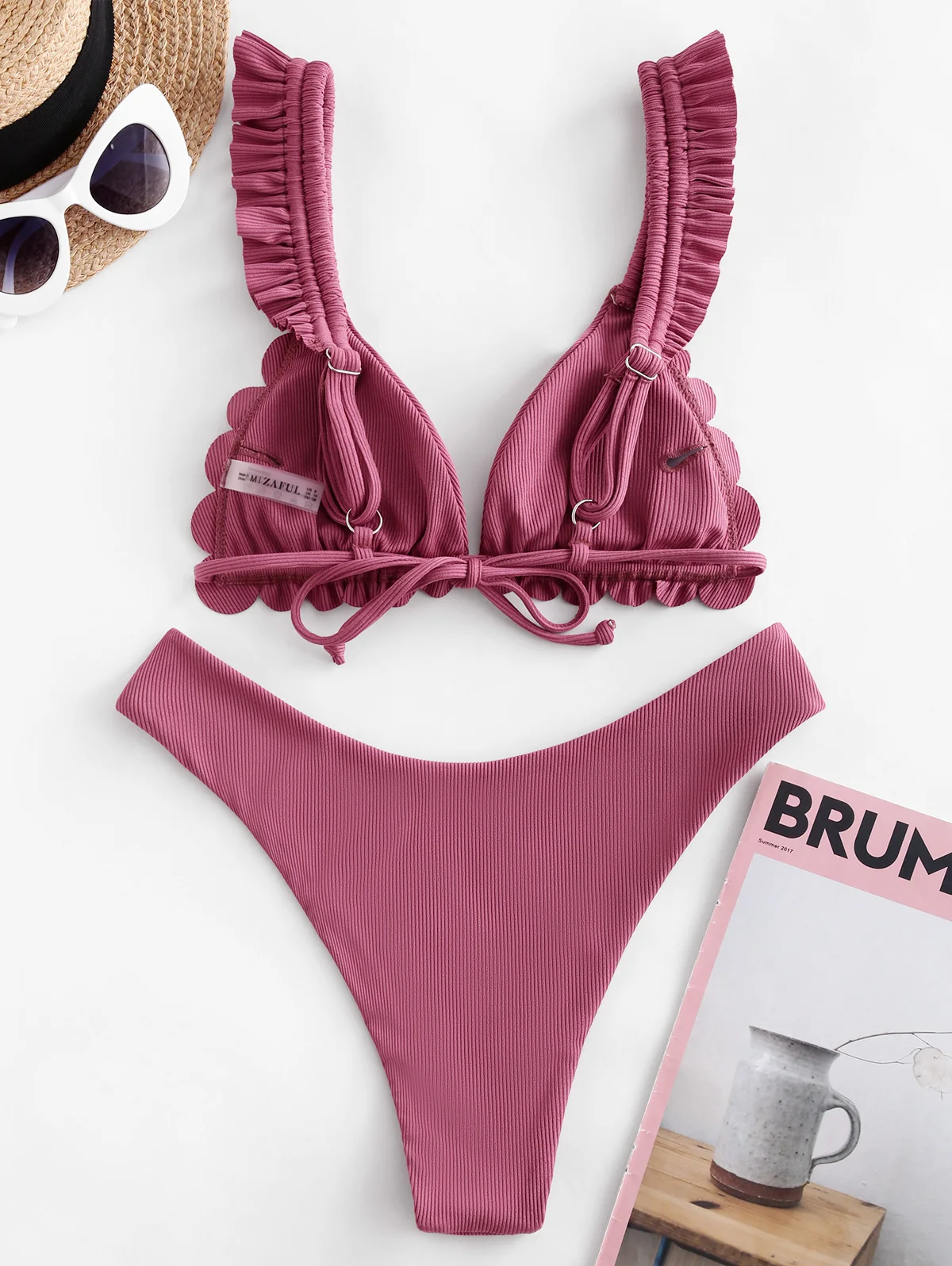ZAFUL Ribbed Plunge Frilled Bikini Women Swimsuit High Cut Wire Free Bathing Suit Padded Swimwear 2020 Bikinis Set | Женская одежда