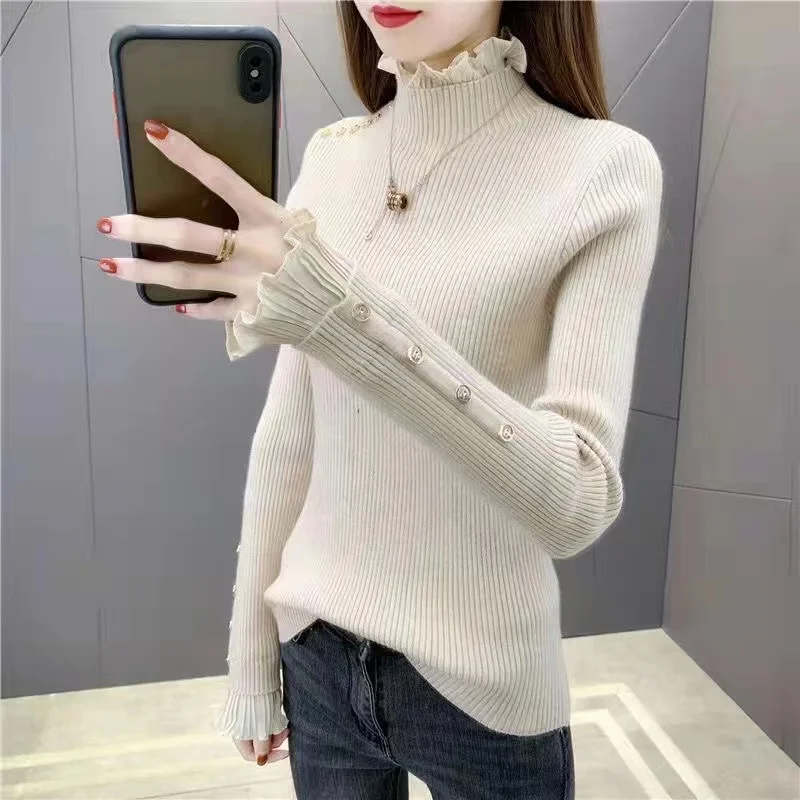 Осенне-зимний свитер с длинными рукавами женский модный вязаный кружевными и