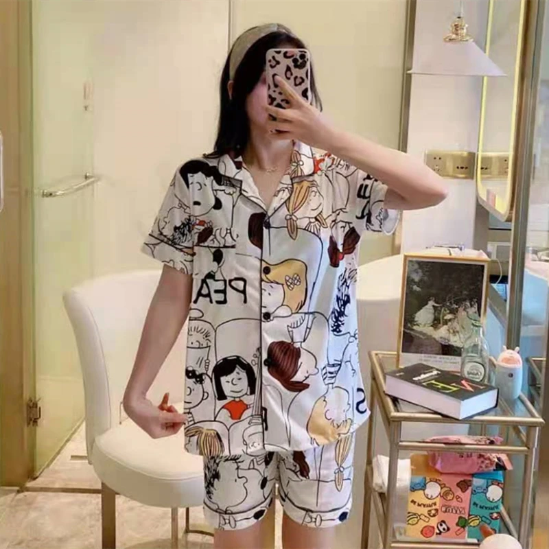 

New Summer Silk Satin Women Pajamas Set Fancy Print Sweet Lapel Loungewear Shirts+Shorts Sexy Party Sleepwear Soft Homewear Suit