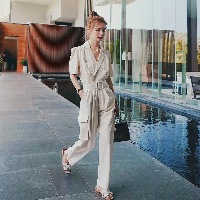 С отложным воротником в стиле ретро талии Комбинезоны прямого силуэта Для женщин