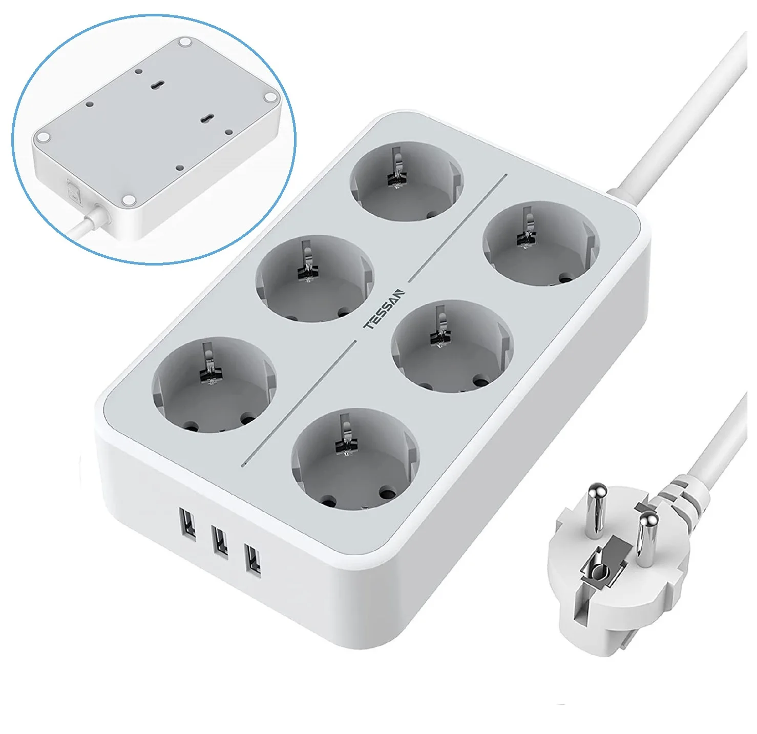 Настенный удлинитель с 2 м кабелем 6 розеток 3 USB порта|Вилки розеткой| |