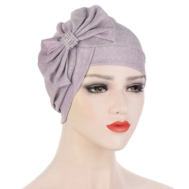 

2021 Fashion Turban Hat for Ladies Glitter Bow-tie Female Head Wraps Muslim Headscarf Bonnet Islamic Headwear Turbante Mujer