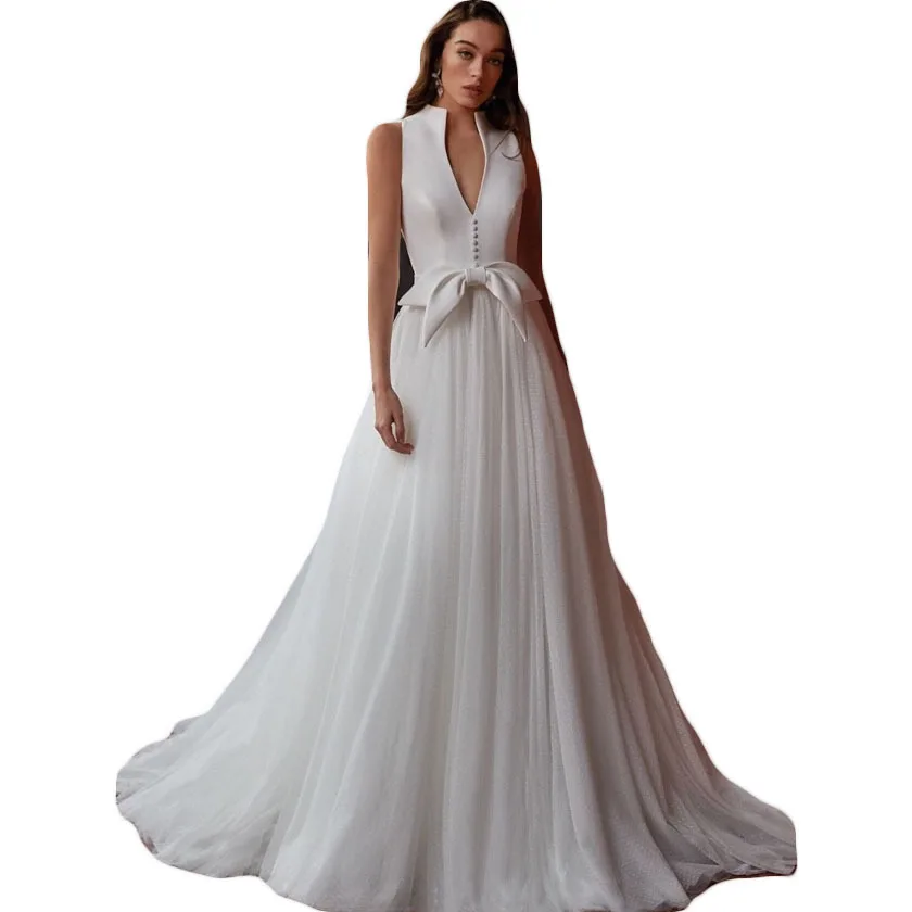 

2021 New Lace Wedding Dress V-Neck Short Sleev robe Sleeveless Backless Bridal Low Gown Low Chest