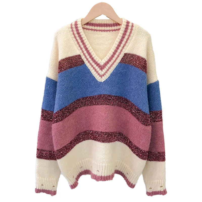 0.5 New Arrival Fashion Korean Spring Autumn Knitted Women Rainbow Sweater V-neck Light Striped hole design Batwing pullover | Женская