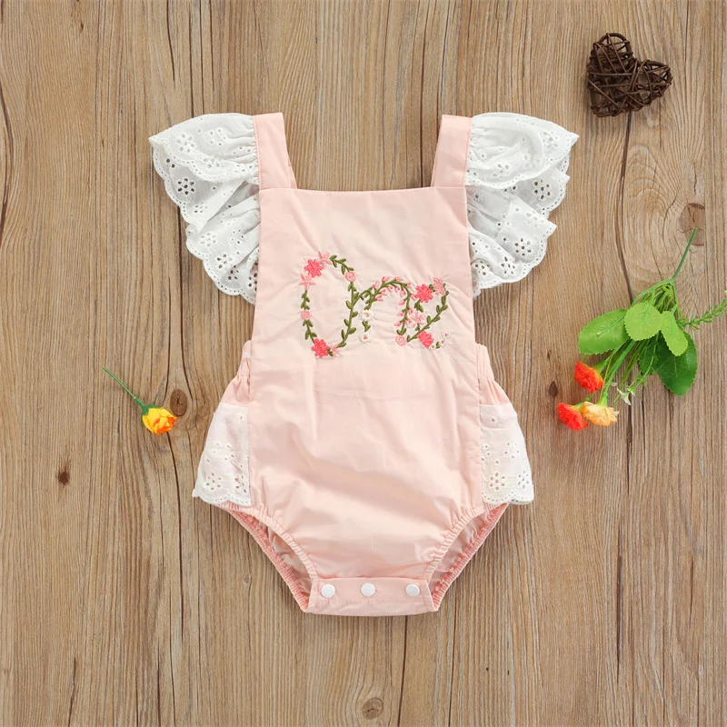 

Toddlers Baby Girl Summer Romper Embroidery Lace Stitching Square Neck Ruffled-Sleeve Jumpsuit For 0-18M Infants Girls