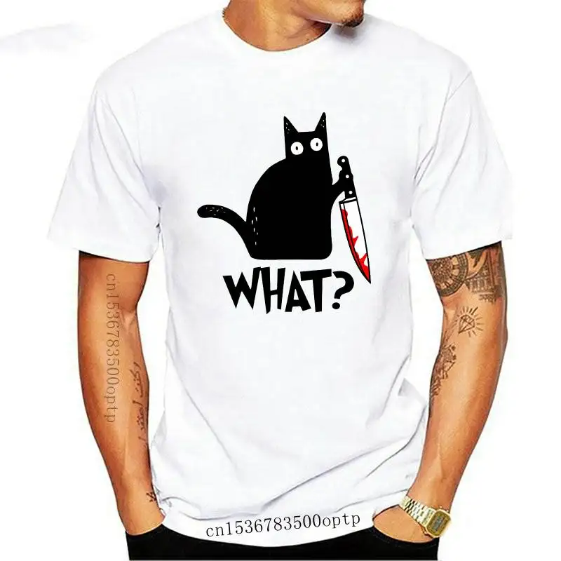 

New Cat What T Shirt Murderous Cat With Knife Funny Halloween Gift T Shirt Unisex High quality cotton t-shirts Halloween present