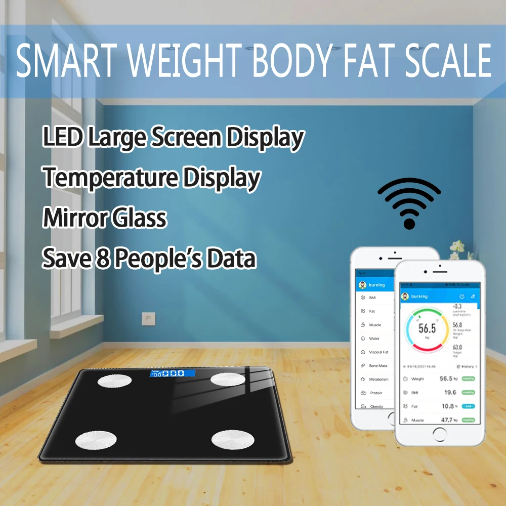 

LED Smart Weight Scale Electronic Digital Body Fat Measuring Tool Bluetooth APP Floor Mirror Glass Balance Smartphone Healthy