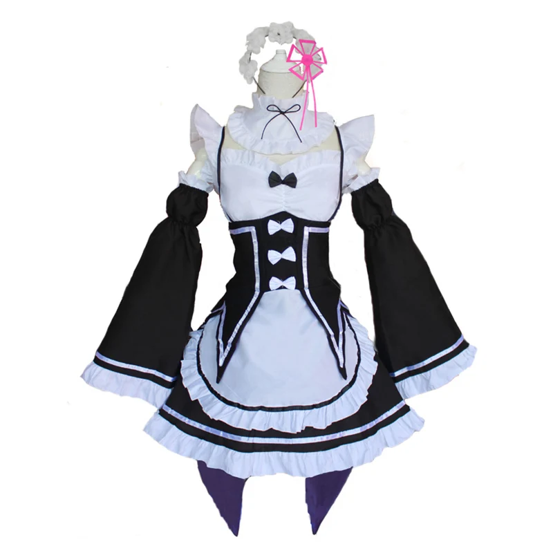 Аниме Костюм для косплея Re:Zero Kara Hajimeru Rem Ram с длинными рукавами и вырезом лодочкой