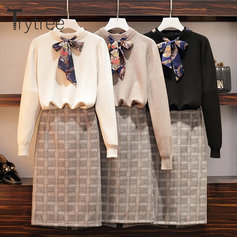 Trytree/2019 Осенний женский костюм из двух предметов повседневный Вязаный топ с