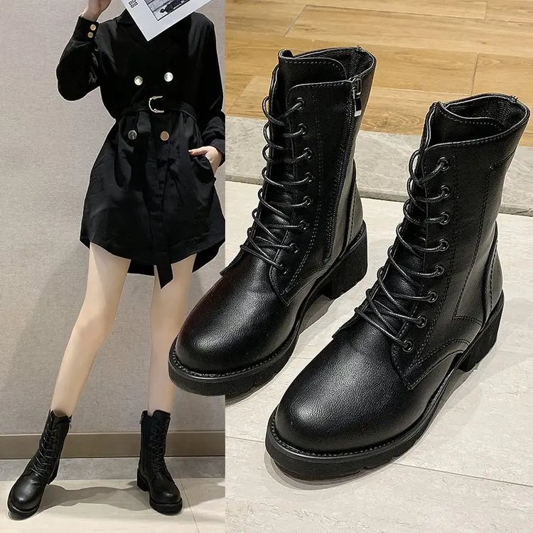 Женские сапоги до середины икры с перекрестной шнуровкой и круглым носком