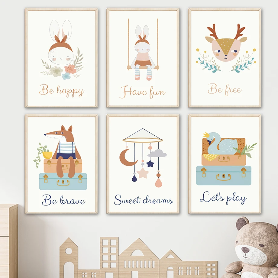 

Nursery Boho Cute Rabbit Deer Fox Swan Animal Wall Art Canvas Painting Nordic Posters And Prints Pictures Kids Baby Room Decor