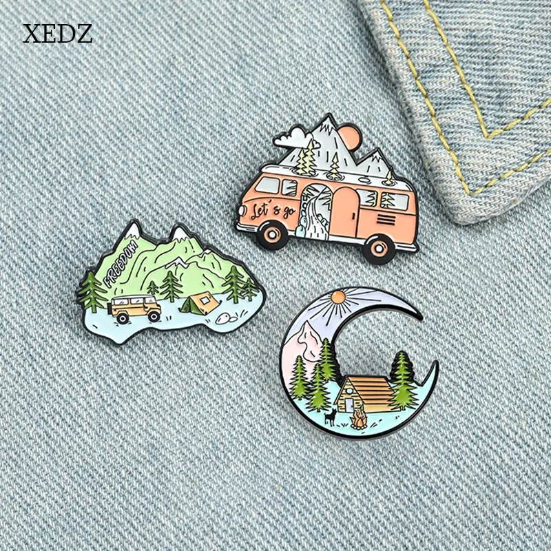 

XEDZ Go Camping! Natural Scenery Enamel Brooch Fashion Wild Camping Explorer Badge Car Mountain River Moon Forest Pin Jewelry