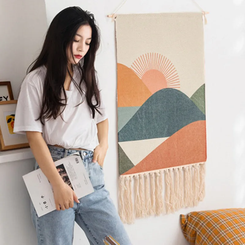 

Japan Style Handmade with Tassels Tapestry Home Decor Macrame Cotton and Linen Woven Bohemian Art Wall Background Cloth