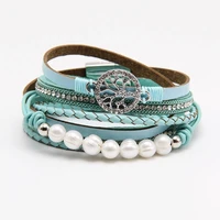 european and american hot selling personalized life tree cowhide rope freshwater pearl magnetic buckle bracelet girls