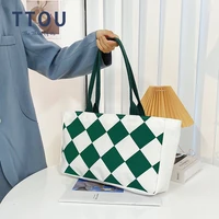 women casual canvas tote shoulder bag ladies patchwork big shopper bag fashion geometry cotton handbag purses for girls