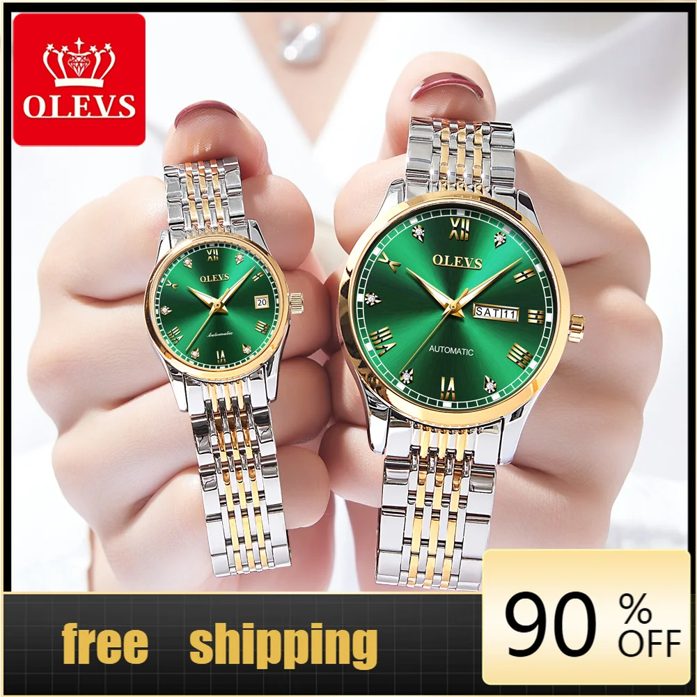 

OLEVS Top brand Couple stainless steel watch Elegant Automatic wrist watch Business luxury men's Watch Waterproof Gold watch