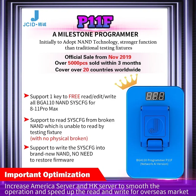 

JCID JC P11F P11 BGA110 PCIE Nand Programmer For iPhone 8 8P X XR XS XS Max 11 11 Pro 11 Pro Max HDD SN Wifi BT Data Read Write