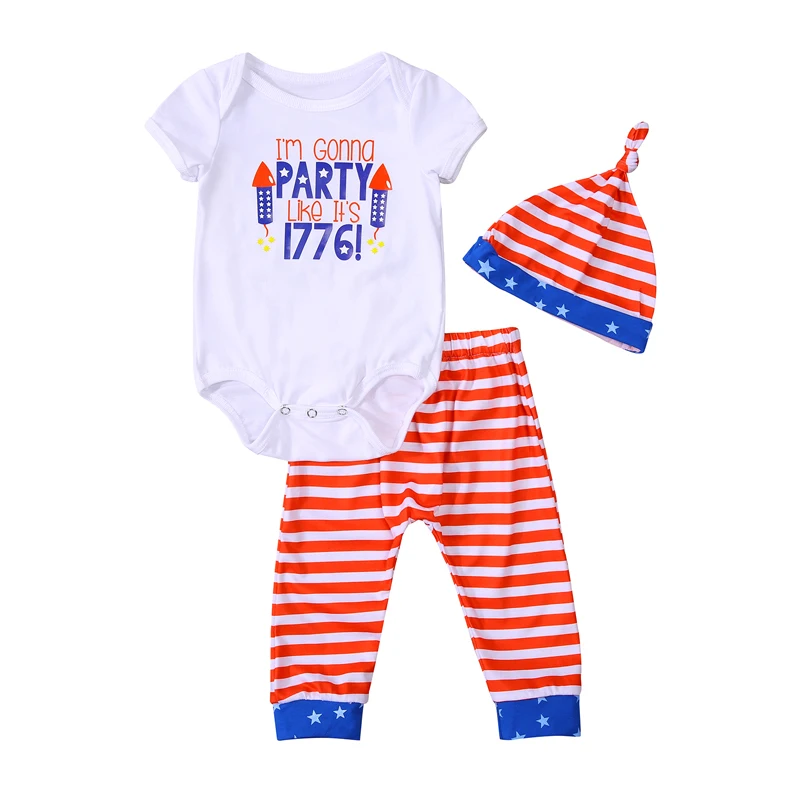 

Pudcoco 0-18M 3Pcs Baby Girls Boys Summer Casual Letter Striped Independence Day Party Bodysuit+Pants+Hat Outfit Sets