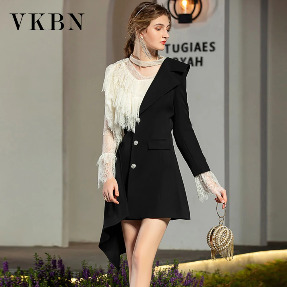 VKBN 3 Piece Set Women Dress Lace Patchwork Full Sleeve Spring Autumn 2022 Single Breasted Casual Dresses Set Fashion