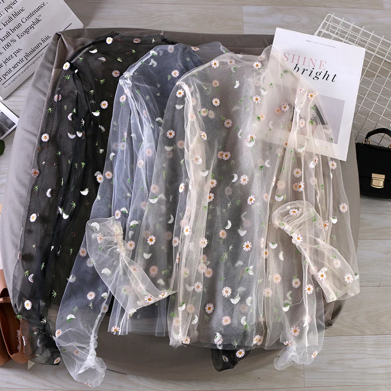 Женский прозрачный пуловер с вышивкой Повседневная Блузка длинными рукавами и