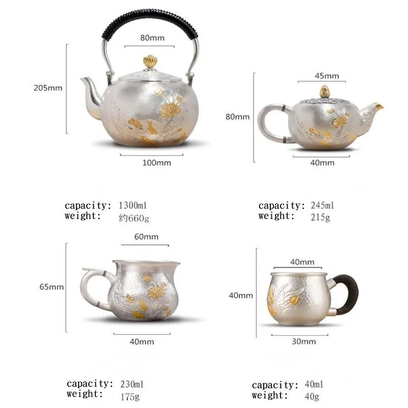 Juego de t&eacute; hecho a mano de plata de ley 999, tetera japonesa retro, tetera para el hogar, oficina, ceremonia del t&eacute;, Kungfu, 1300ml-4