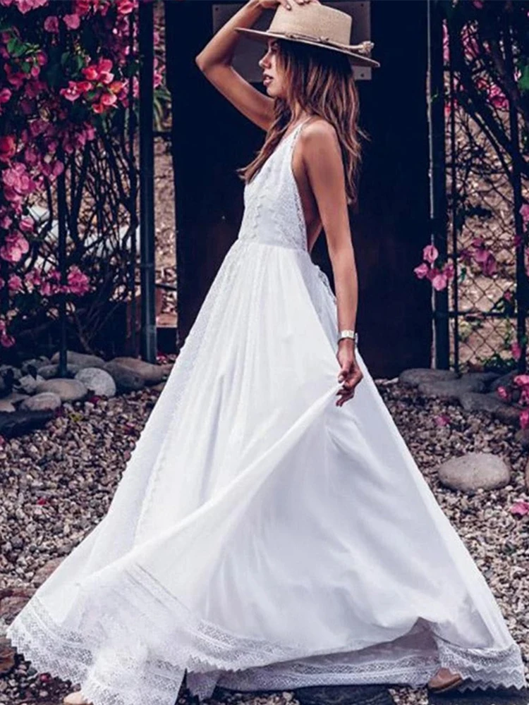 Honeymoon Deep V Neck Beach Dress White Coverup Backless Womens Tunic Long Dress Beach Bathing Suit Cover Ups Bride Swimsuits