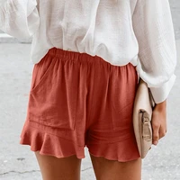 women girls solid color casual shorts summer fashion elastic high waist pockets loose straight pleated shorts plus size s 5xl