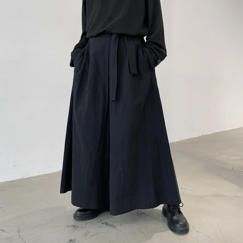 

Men Japan Style Loose Casual Black Kimono Wide Leg Pant Male Women Streetwear Hip Hop Punk Gothic Ribbon Harem Skirt Trouser Mid