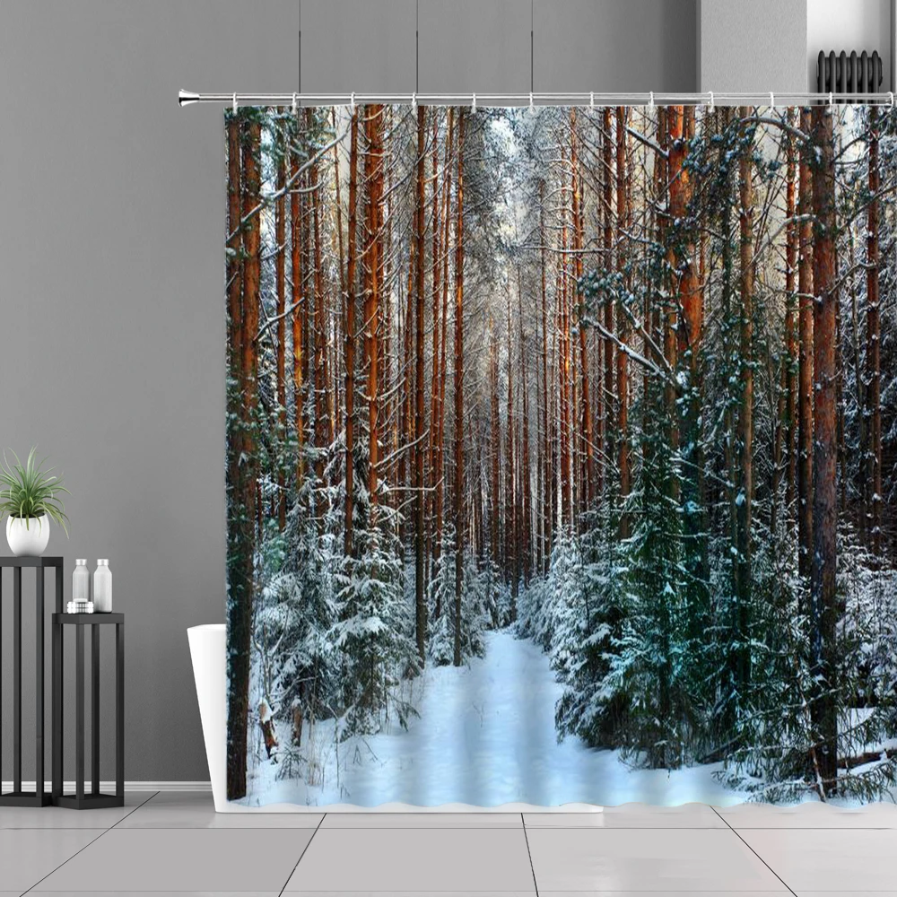 

Winter Landscape Shower Curtains Snow Scene Pine Forest Bathroom Curtain Screen Home Bathtub Decor Waterproof Polyester Fabric