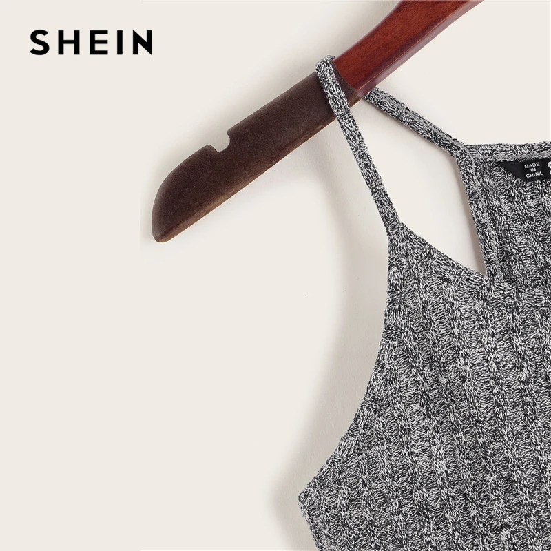 SHEIN серый ребристый Вязаный топ на бретельках Женские жилеты Женская Базовая одежда эластичный тонкий крой осень Спагетти ремень повседневные топы