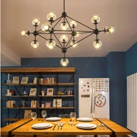 nordic simple black paint iron magic bean design chandelier industrial wind amber glass ball led e27 lighting living room decor