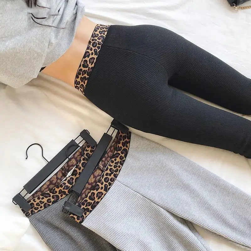 Женские леггинсы с леопардовым принтом вертикальные брюки высокой талией