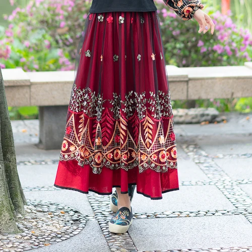 Женская сетчатая юбка с вышивкой Длинная черная до щиколотки высокой талией в