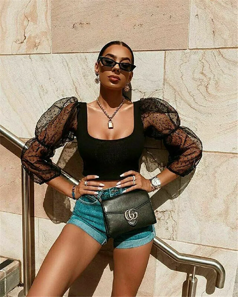 Женская сексуальная прозрачная сетчатая блузка в горошек тюль пышная футболка с