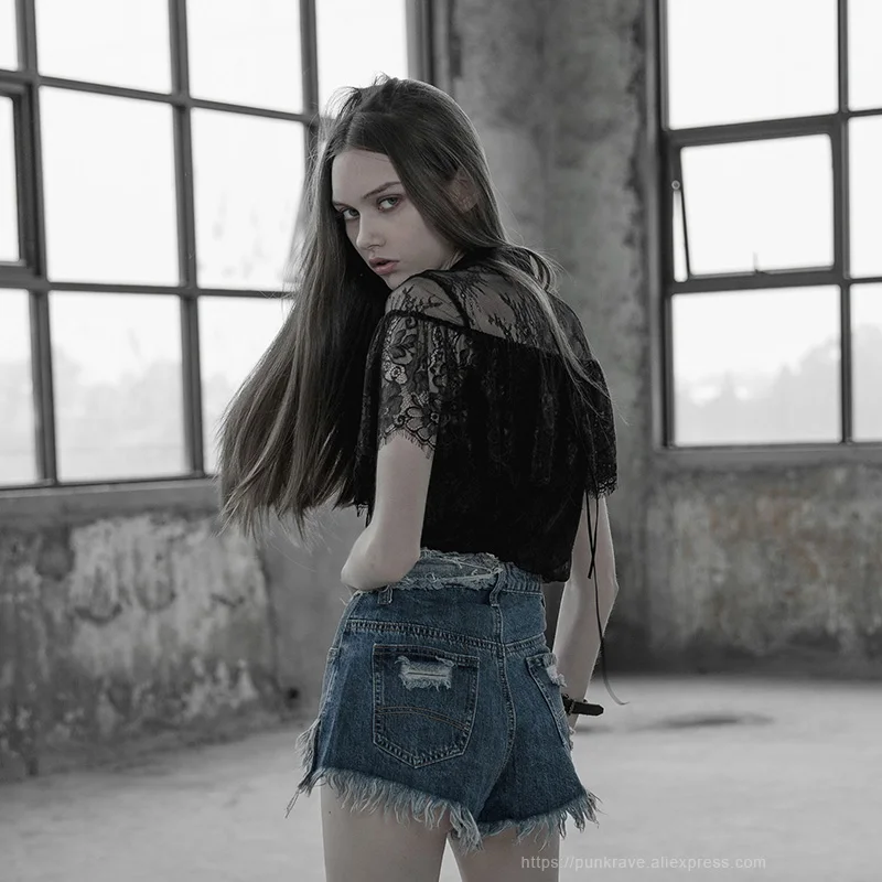 Женская черная рубашка в стиле панк готическая Черная ажурная кружевная