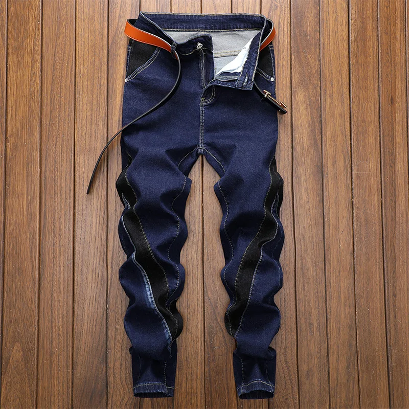 

High Street Men's Jeans Cotton Elastic Fashion Slim Black Blue Stitching Denim Trousers Personality Trend Autumn Tapered Pants