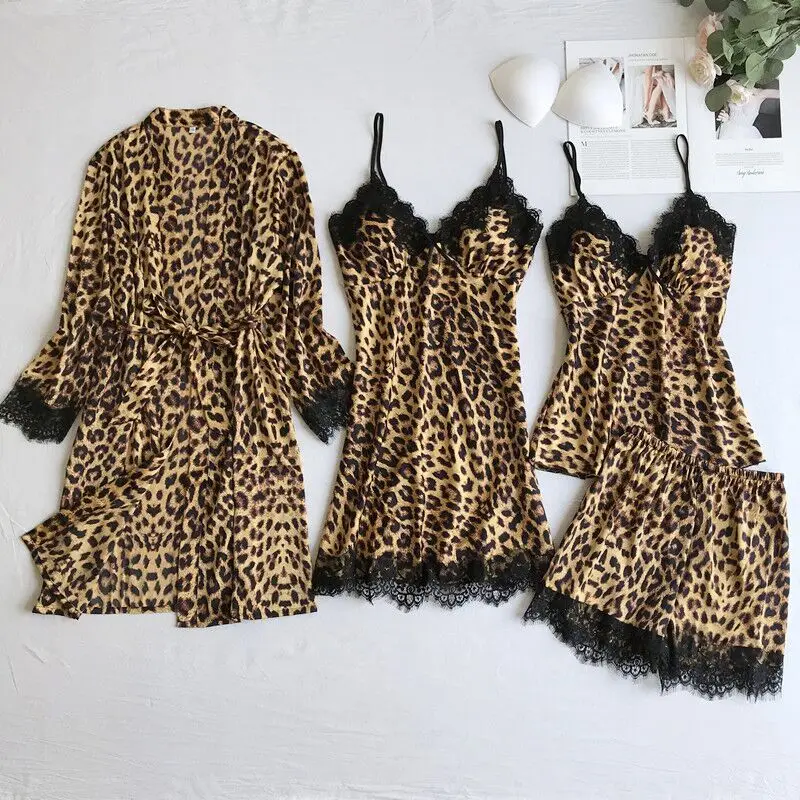 

Leopard Pajamas for Women Lace Sexy Lingerie Fashion Ice Silk Pajama Sets Women 2020 Summer Pijama Mujer Pyjama with Chest Pad