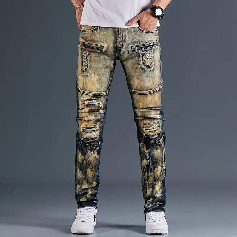 Men's Stretch Jeans Locomotive Fashion Denim Trousers Biker High Quality Male Straight Casual Designer Ripped Comfortable Pants