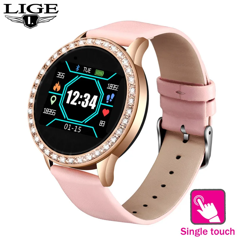 Pink LIGE New Diamond Surround Smart Watch Women Men Watch Heart Rate Information Reminder Waterproof Full Touch Screen smartwatch - Цвет: Pink