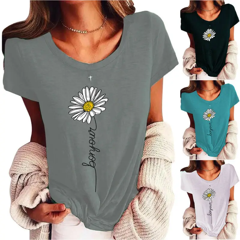 

Women Daisy Printed Short Sleeve T-Shirt Blouse Ladies Summer Casual Shirt Tops