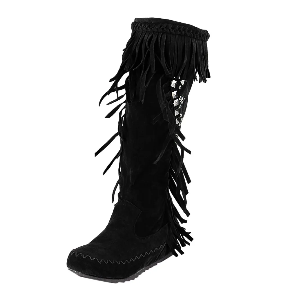 Женские сапоги до середины икры на низком каблуке с бахромой в богемном стиле