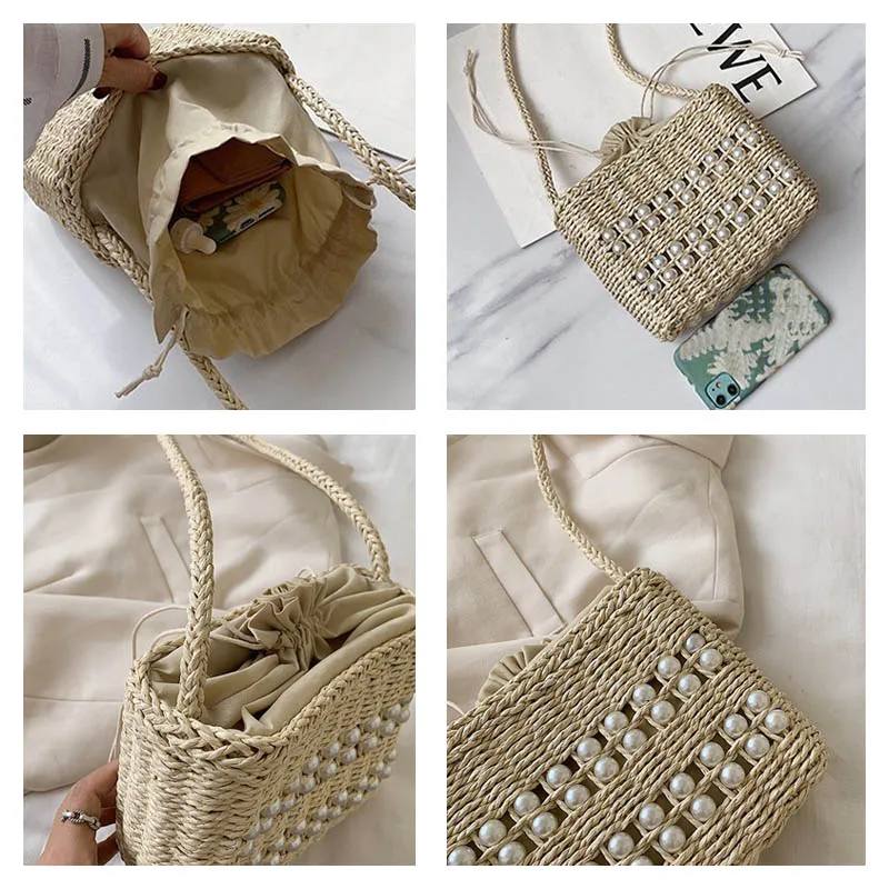

New Pearl Straw Bag Hand-woven Handbag Woman Shoulder Crossbody Bags Rattan Summer Beach Bag Tote Female Phone pack And Purse