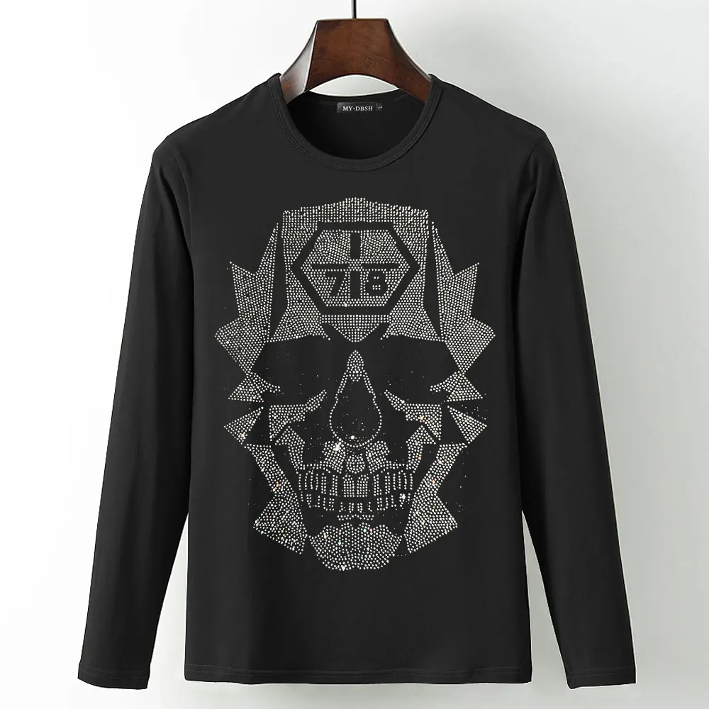 T010-O-Black Новые футболки с черепом и бриллиантами, тянущаяся хлопковая футболка с длинными рукавами, готический стиль, мужская Высококачественная футболка большого размера 5XL со стразами - Цвет: T010-O-Black