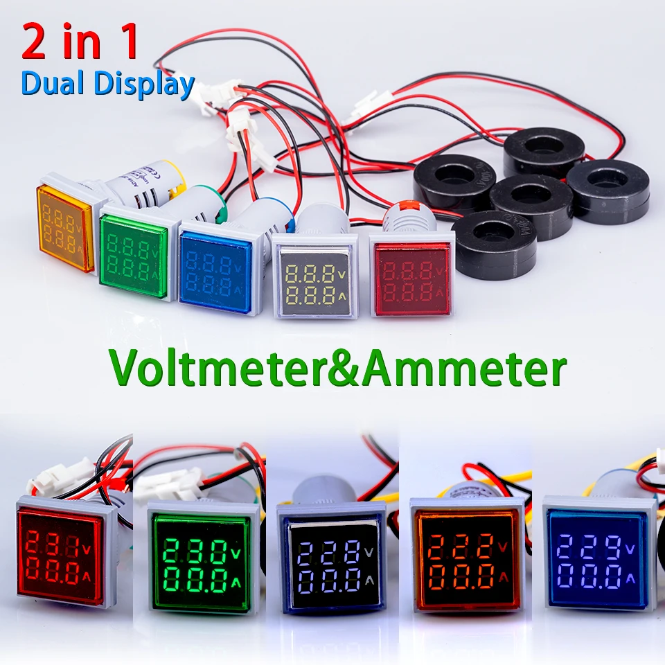 

22mm 60-500V 0-100A Led AC Digital Voltmeter Ammeter Signal Lights 220V Voltage Current Meter Volt Amp Indicator Tester Detector