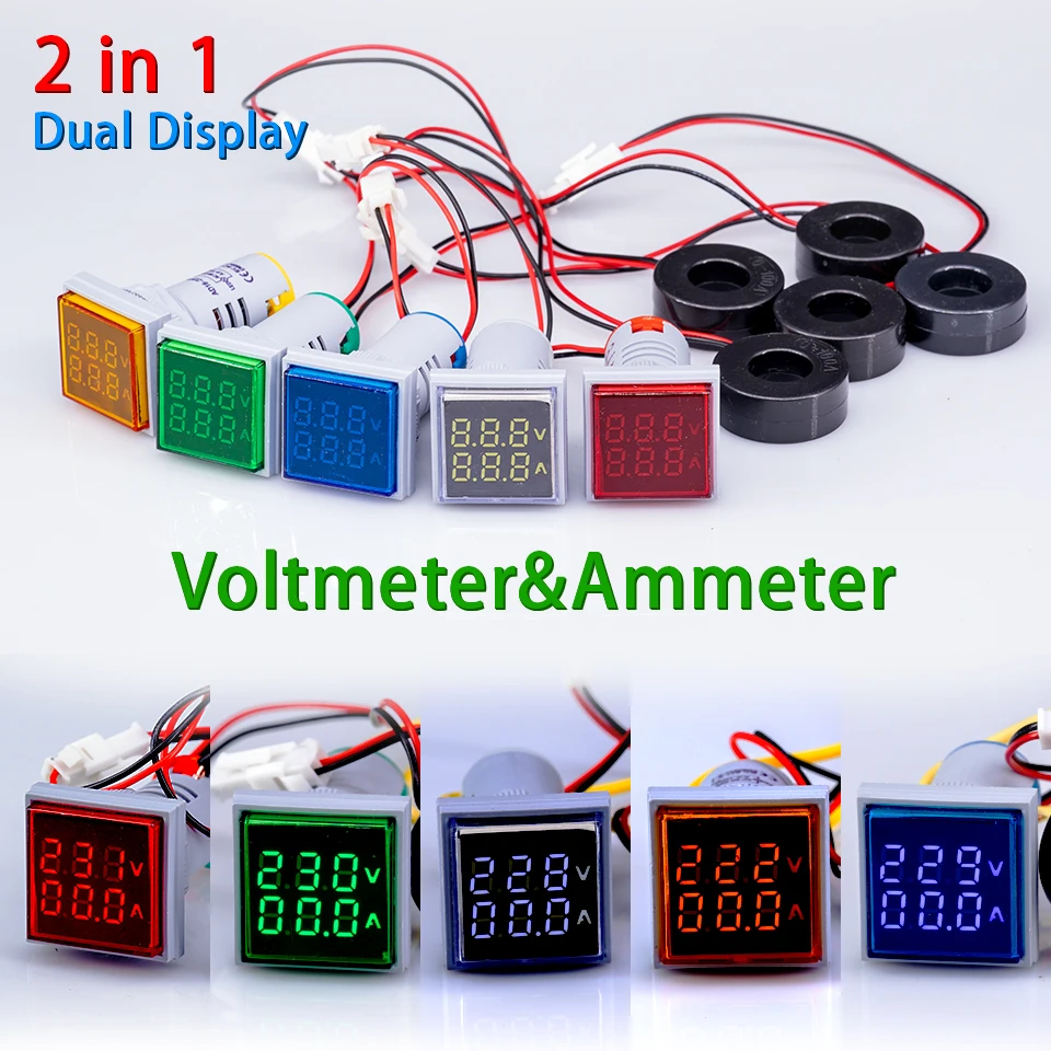 22mm 60-500V 0-100A Led AC Digital Voltmeter Ammeter Signal Lights 220V Voltage Current Meter Volt Amp Indicator Tester Detector