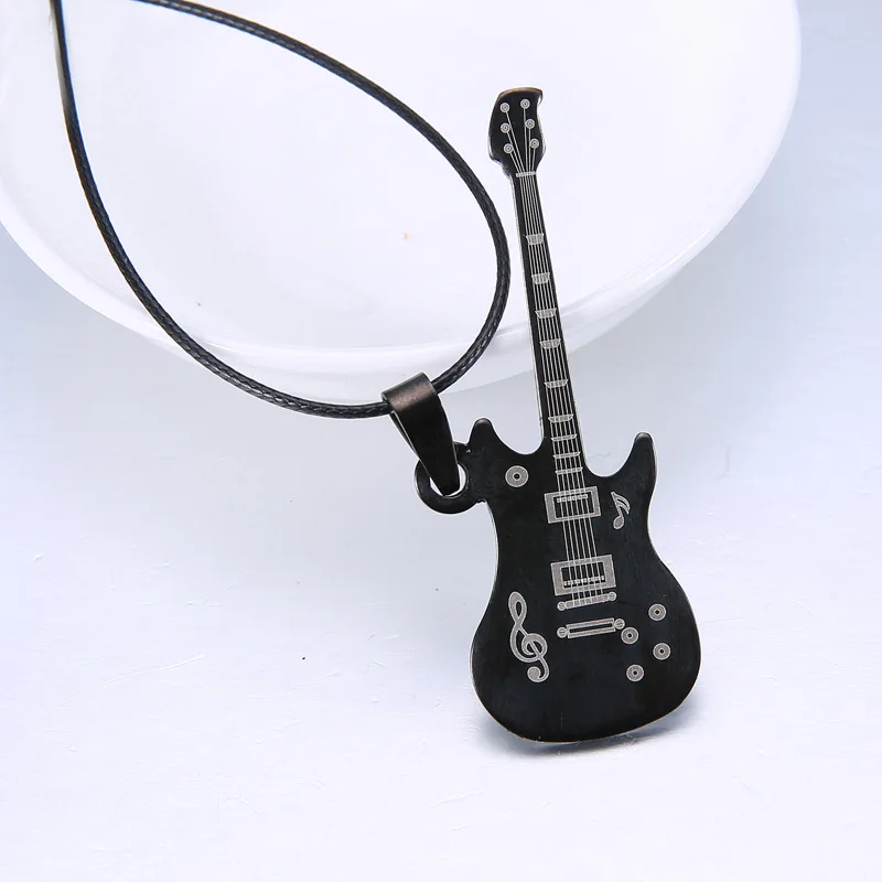 Fashion Stainless Steel Guitar Necklace For Men Pendants Leather Chain Necklaces | Украшения и аксессуары