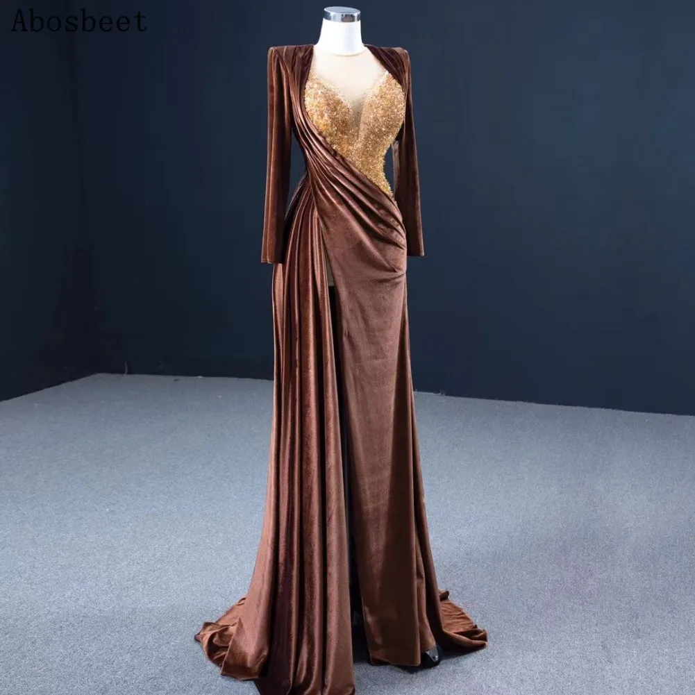 Long Sleeve Evening Dress Beads Top Sext Front Split O Neck Elegant Long Formal Dresses Women Evening Prom Party Gown Lace Up