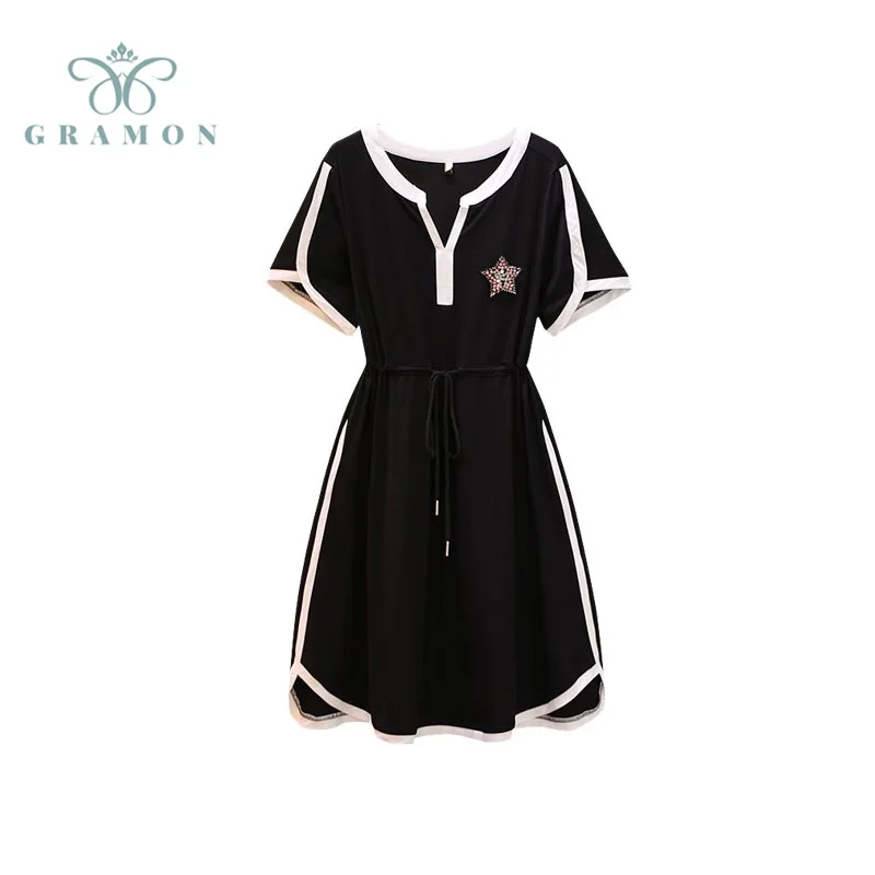 

Summer Dress 2021 New Women Sports Style Star Sequined V Neck Lace Up Black Mini Dress Plus Size Gothic Sportswear Vestidos